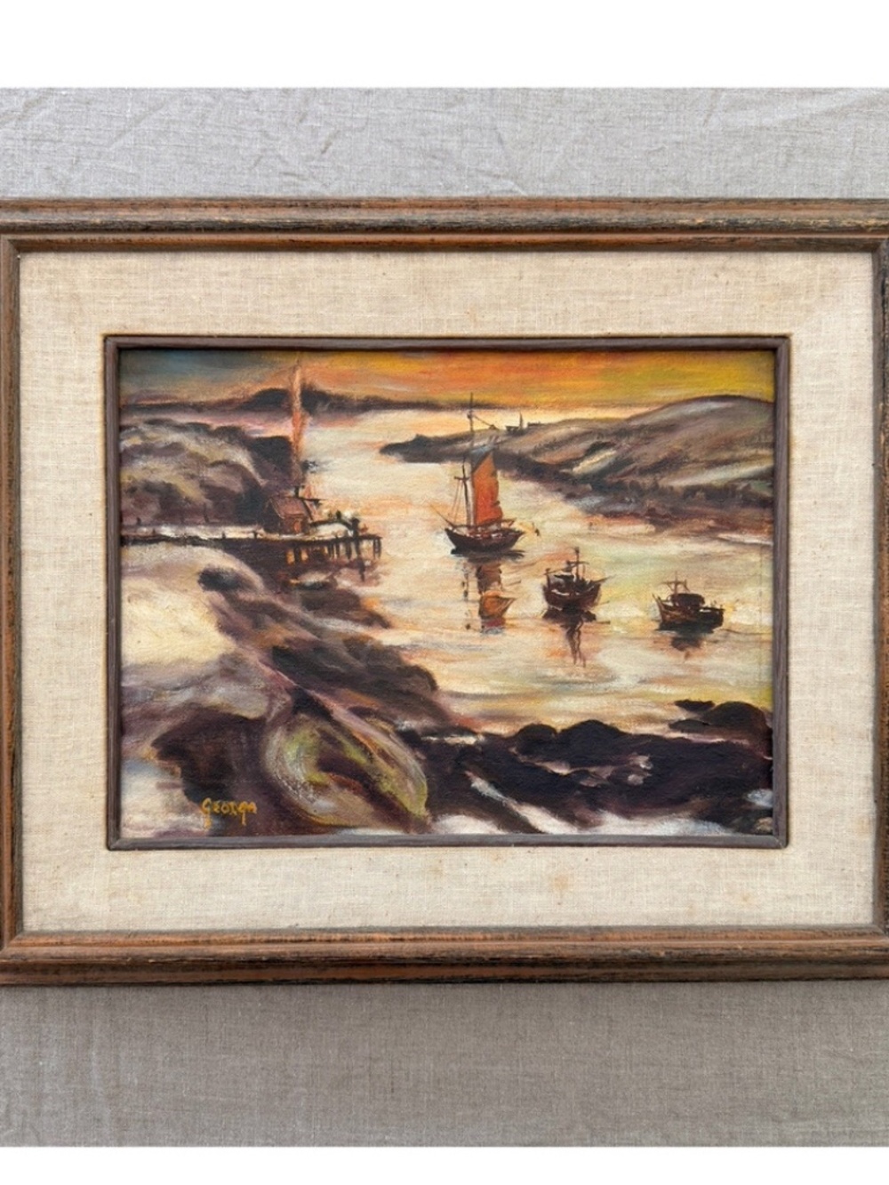 Georgia Walker “Even Tide” Signed Original Oil on Canvas Framed Seascape Boats